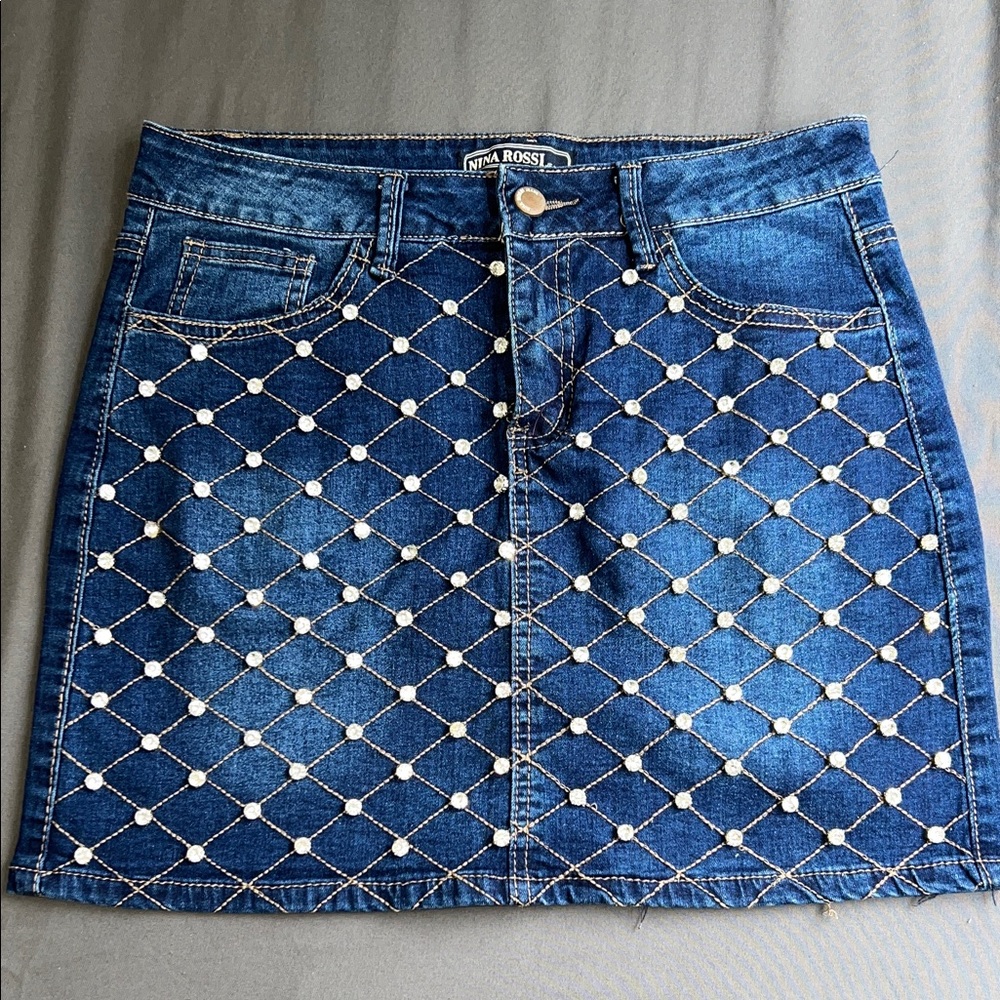Rina Rossi Denim Mini Skirt with Pearl Details